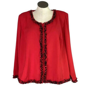 Holiday Ruffle Trim Jacket Women 32W Red Black Polka Dot Buttons Long Sleeve NEW